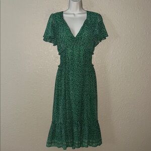 Sz M Max Studio Green Ruffled Short Sleeve Midi Dress